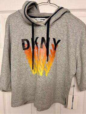 DKNY Light Gray Pullover Hoodie with Black Drawstrings
